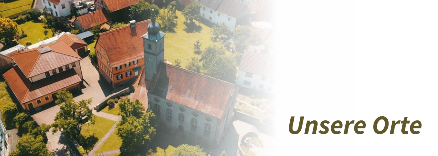 Luftbild der Gemeindebebäude mit Kirche 