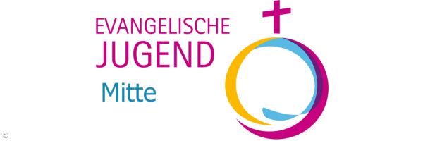 Logo der EJ: Drei verschiedenfarbige Kreise, die ineinander greifen, über allem steht ein Kreuz